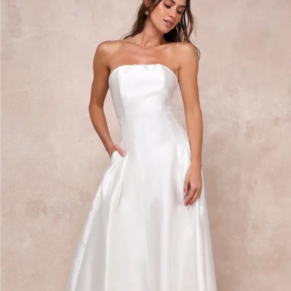 Lulus Pristine Love White Taffeta Strapless Maxi Dress With Pockets